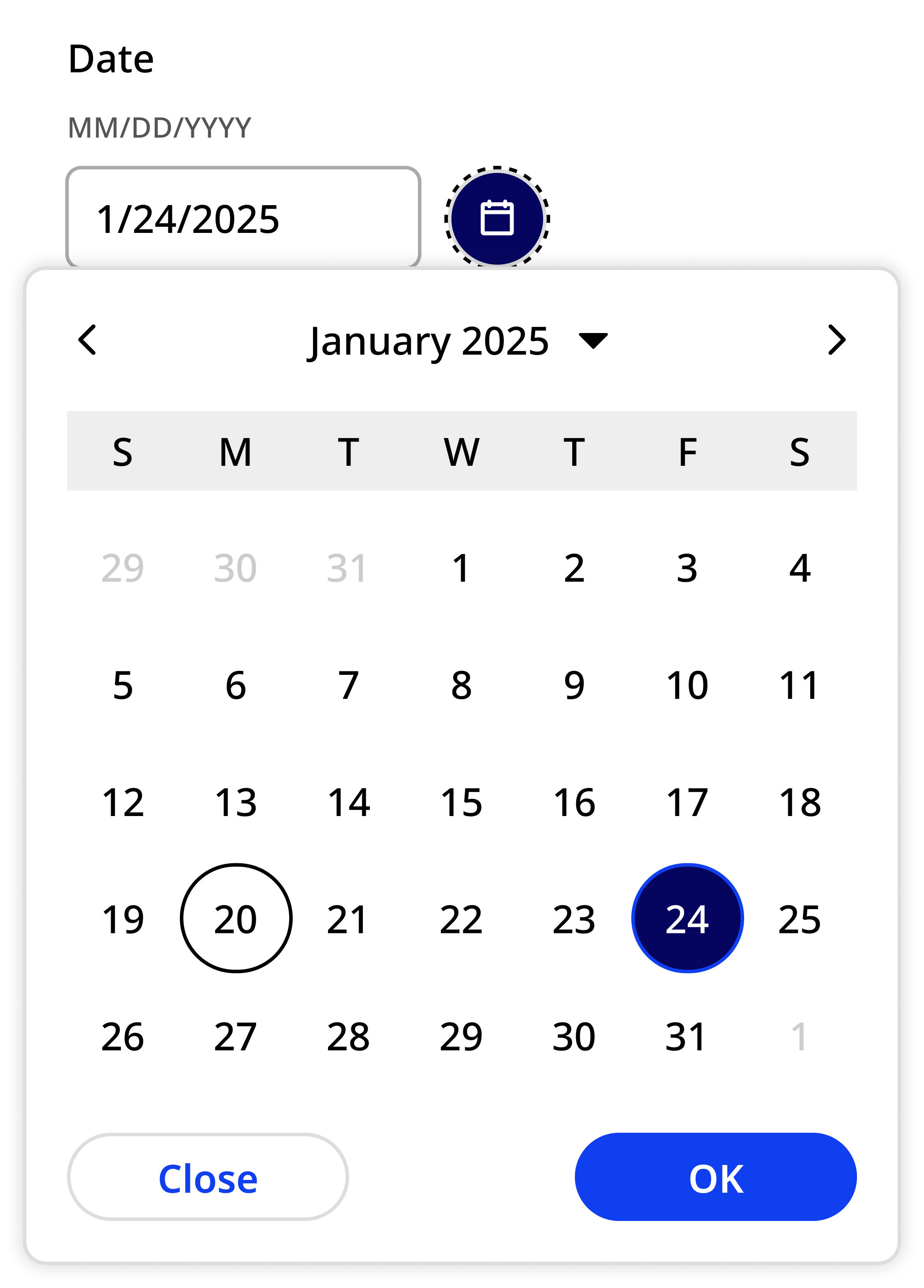 nyc.gov screenshot showing the correct usage of the calendar component. A date input field is visible on the page with a selected button containing a calendar icon. The calendar component modal drops down from the selected button. Because the date input component is visible on the page, it is excluded from the modal.